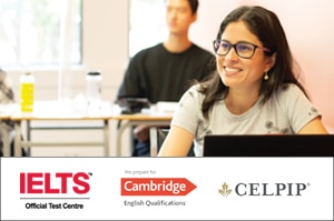 Students focusing to learn English Language at desk with IELTS Cambridge and Celpip Logos nearby