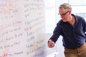 English teacher writing notes on whiteboard to support students who want to learn English language skills at Global Village in Canada