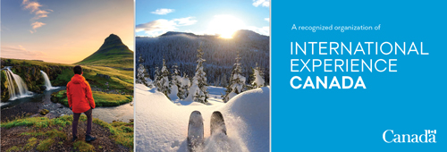 Global Village Study and Work IEC International Experience Canada Banner featuring mountain views and a person skiiing.