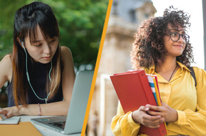 Banner for Gv English Online College pathway program. Shows 2 students. One is working remotely, the other is in person class.